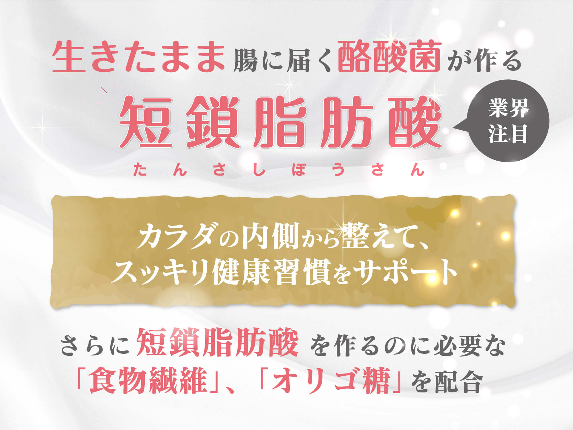 さらに短鎖脂肪酸を作るのに必要な「食物繊維」、「オリゴ糖」を配合